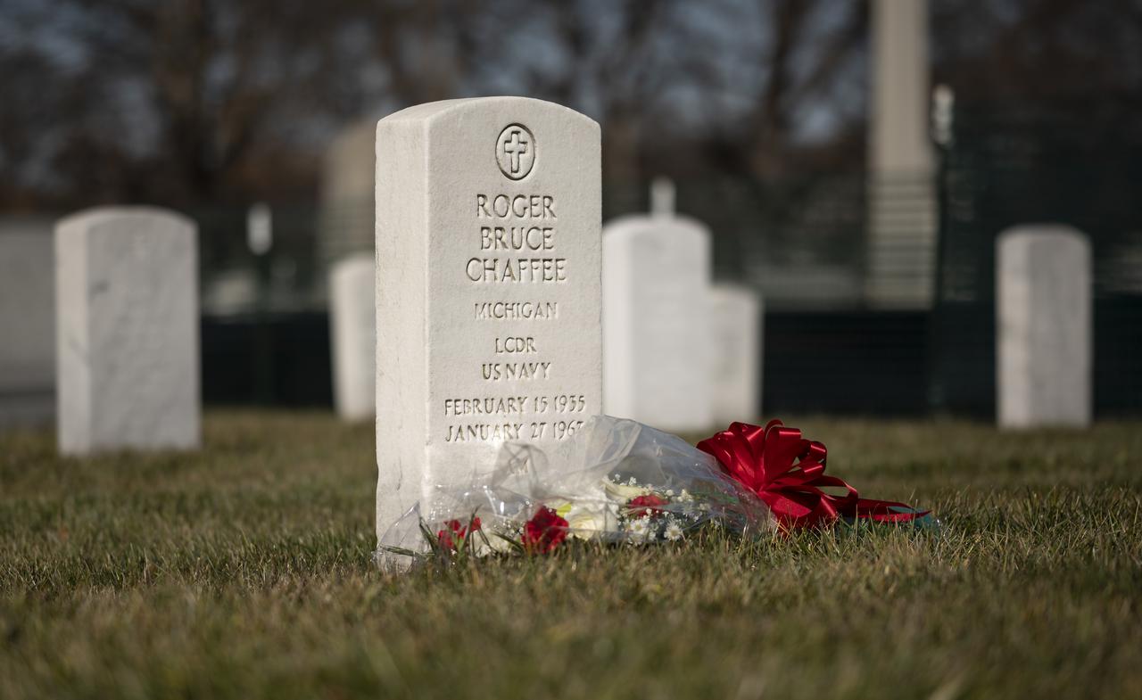 The grave marker of Roger Chaffee, from Apollo 1, is seen after a wreath laying ceremony that was part of NASA's Day of Remembrance, Thursday, Jan. 28, 2021, at Arlington National Cemetery in Arlington, Va.  Wreaths were laid in memory of those men and women who lost their lives in the quest for space exploration.  Photo Credit: (NASA/Bill Ingalls)