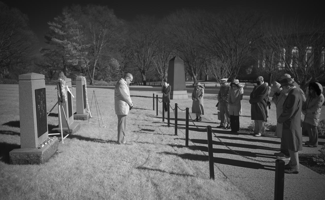 Acting NASA Administrator Steve Jurczyk, NASA personnel and others are seen in this black and white infrared photograph as they observe a moment of silence during a wreath laying ceremony as part of NASA's Day of Remembrance, Thursday, Jan. 28, 2021, at Arlington National Cemetery in Arlington, Va.  The wreaths were laid in memory of those men and women who lost their lives in the quest for space exploration.  Photo Credit: (NASA/Bill Ingalls)