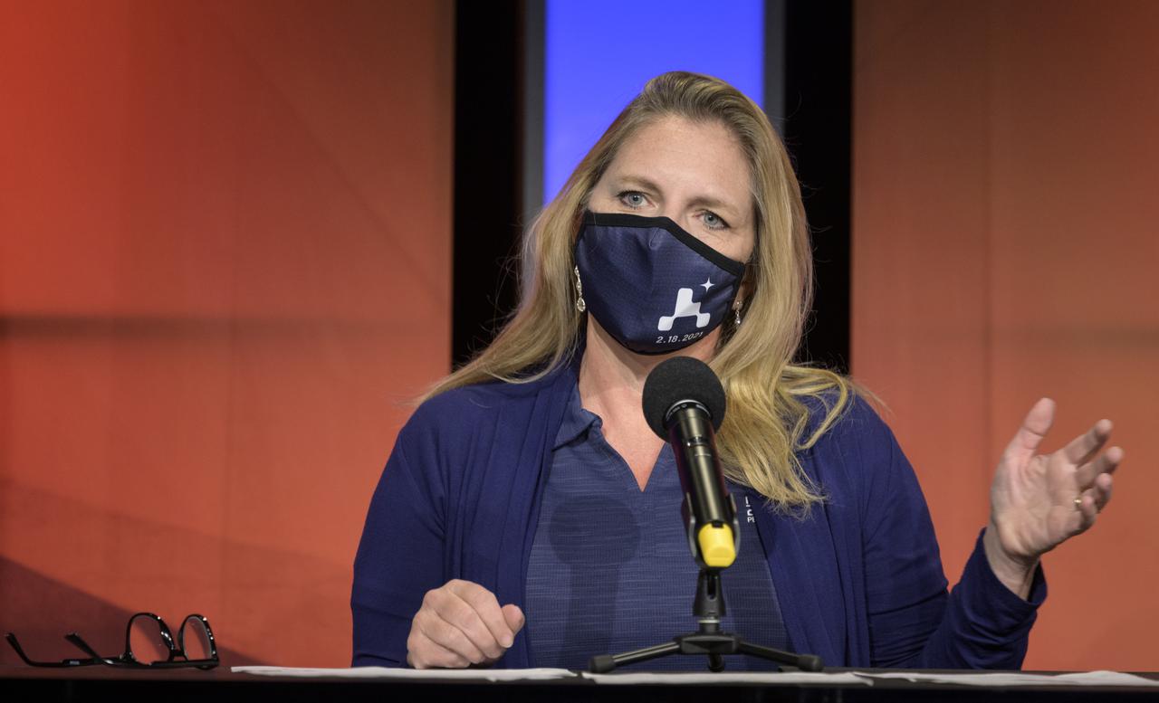 Perseverance deputy project manager, JPL, Jennifer Trosper, gives remarks during a NASA Perseverance rover mission engineering and technology overview, Tuesday, Feb. 16, 2021, at NASA's Jet Propulsion Laboratory in Pasadena, California. The Perseverance Mars rover is due to land on Mars Thursday, Feb. 18, 2021. A key objective for Perseverance’s mission on Mars is astrobiology, including the search for signs of ancient microbial life. The rover will characterize the planet’s geology and past climate, pave the way for human exploration of the Red Planet, and be the first mission to collect and cache Martian rock and regolith. Photo Credit: (NASA/Bill Ingalls)