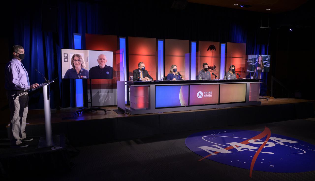 NASA and JPL Perseverance Mars rover mission management are seen during an engineering and technology overview, Tuesday, Feb. 16, 2021, at NASA's Jet Propulsion Laboratory in Pasadena, California. The Perseverance Mars rover is due to land on Mars Thursday, Feb. 18, 2021. A key objective for Perseverance’s mission on Mars is astrobiology, including the search for signs of ancient microbial life. The rover will characterize the planet’s geology and past climate, pave the way for human exploration of the Red Planet, and be the first mission to collect and cache Martian rock and regolith. Photo Credit: (NASA/Bill Ingalls)