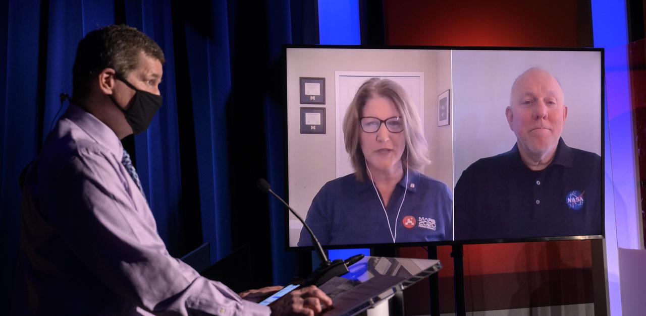 Director of technology demonstrations, NASA’s Space Technology Mission Directorate, Trudy Kortes, screen left, and Chief engineer, NASA’s Space Technology Mission Directorate, Jeff Sheehy, give remarks via remote during a NASA Perseverance rover mission engineering and technology overview, Tuesday, Feb. 16, 2021, at NASA's Jet Propulsion Laboratory in Pasadena, California. The Perseverance Mars rover is due to land on Mars Thursday, Feb. 18, 2021. A key objective for Perseverance’s mission on Mars is astrobiology, including the search for signs of ancient microbial life. The rover will characterize the planet’s geology and past climate, pave the way for human exploration of the Red Planet, and be the first mission to collect and cache Martian rock and regolith. Photo Credit: (NASA/Bill Ingalls)