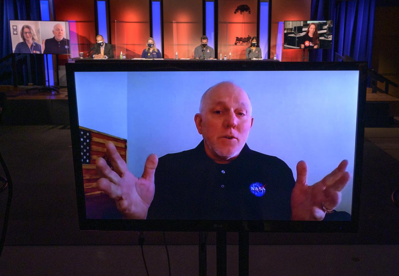 Chief engineer, NASA’s Space Technology Mission Directorate, Jeff Sheehy, gives remarks via remote during a NASA Perseverance rover mission engineering and technology overview, Tuesday, Feb. 16, 2021, at NASA's Jet Propulsion Laboratory in Pasadena, California. The Perseverance Mars rover is due to land on Mars Thursday, Feb. 18, 2021. A key objective for Perseverance’s mission on Mars is astrobiology, including the search for signs of ancient microbial life. The rover will characterize the planet’s geology and past climate, pave the way for human exploration of the Red Planet, and be the first mission to collect and cache Martian rock and regolith. Photo Credit: (NASA/Bill Ingalls)