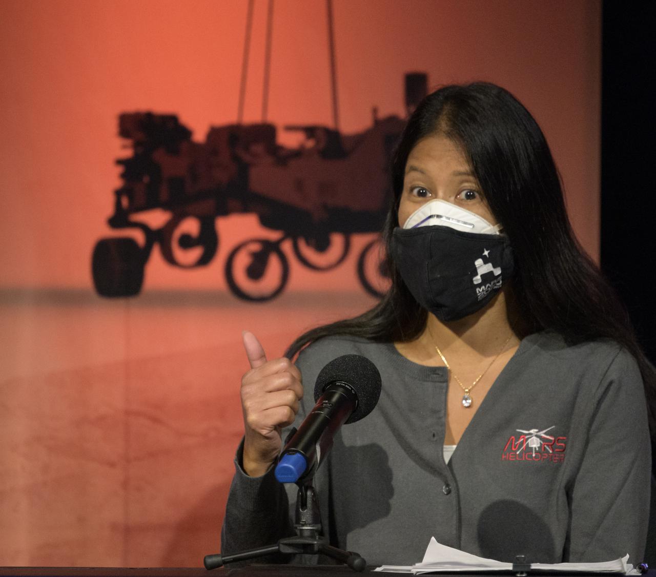 Ingenuity project manager, JPL, MiMi Aung,  gives remarks during a NASA Perseverance rover mission engineering and technology overview, Tuesday, Feb. 16, 2021, at NASA's Jet Propulsion Laboratory in Pasadena, California. The Ingenuity Mars helicopter is a technology demonstration to test the first powered flight on Mars. The helicopter will ride to Mars attached to the belly of the Perseverance rover.  The Perseverance Mars rover is due to land on Mars Thursday, Feb. 18, 2021. A key objective for Perseverance’s mission on Mars is astrobiology, including the search for signs of ancient microbial life. The rover will characterize the planet’s geology and past climate, pave the way for human exploration of the Red Planet, and be the first mission to collect and cache Martian rock and regolith. Photo Credit: (NASA/Bill Ingalls)
