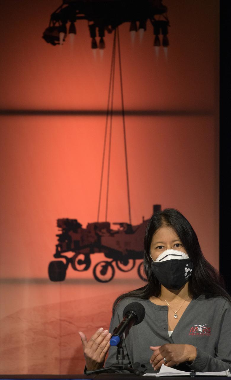 Ingenuity project manager, JPL, MiMi Aung,  gives remarks during a NASA Perseverance rover mission engineering and technology overview, Tuesday, Feb. 16, 2021, at NASA's Jet Propulsion Laboratory in Pasadena, California. The Ingenuity Mars helicopter is a technology demonstration to test the first powered flight on Mars. The helicopter will ride to Mars attached to the belly of the Perseverance rover.  The Perseverance Mars rover is due to land on Mars Thursday, Feb. 18, 2021. A key objective for Perseverance’s mission on Mars is astrobiology, including the search for signs of ancient microbial life. The rover will characterize the planet’s geology and past climate, pave the way for human exploration of the Red Planet, and be the first mission to collect and cache Martian rock and regolith. Photo Credit: (NASA/Bill Ingalls)
