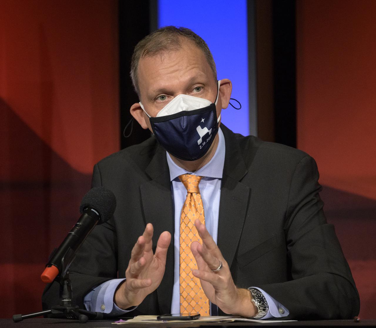 Associate Administrator of NASA's Science Mission Directorate, Thomas Zurbuchen, gives remarks during a NASA Perseverance rover mission engineering and technology overview, Tuesday, Feb. 16, 2021, at NASA's Jet Propulsion Laboratory in Pasadena, California. The Perseverance Mars rover is due to land on Mars Thursday, Feb. 18, 2021. A key objective for Perseverance’s mission on Mars is astrobiology, including the search for signs of ancient microbial life. The rover will characterize the planet’s geology and past climate, pave the way for human exploration of the Red Planet, and be the first mission to collect and cache Martian rock and regolith. Photo Credit: (NASA/Bill Ingalls)