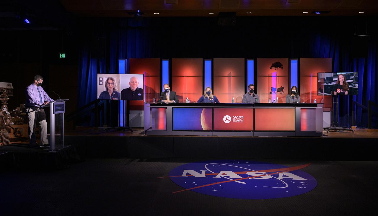 NASA and JPL Perseverance Mars rover mission management are seen during an engineering and technology overview, Tuesday, Feb. 16, 2021, at NASA's Jet Propulsion Laboratory in Pasadena, California. The Perseverance Mars rover is due to land on Mars Thursday, Feb. 18, 2021. A key objective for Perseverance’s mission on Mars is astrobiology, including the search for signs of ancient microbial life. The rover will characterize the planet’s geology and past climate, pave the way for human exploration of the Red Planet, and be the first mission to collect and cache Martian rock and regolith. Photo Credit: (NASA/Bill Ingalls)