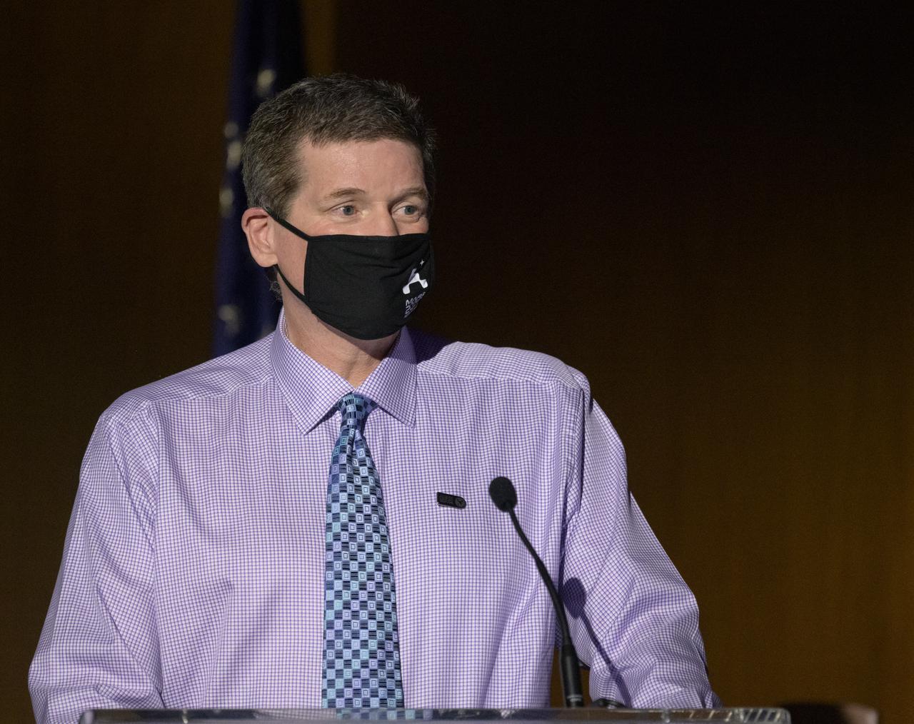 Media Affairs Specialist, JPL, DC Agle, moderates a NASA Perseverance rover mission engineering and technology overview, Tuesday, Feb. 16, 2021, at NASA's Jet Propulsion Laboratory in Pasadena, California. The Perseverance Mars rover is due to land on Mars Thursday, Feb. 18, 2021. A key objective for Perseverance’s mission on Mars is astrobiology, including the search for signs of ancient microbial life. The rover will characterize the planet’s geology and past climate, pave the way for human exploration of the Red Planet, and be the first mission to collect and cache Martian rock and regolith. Photo Credit: (NASA/Bill Ingalls)