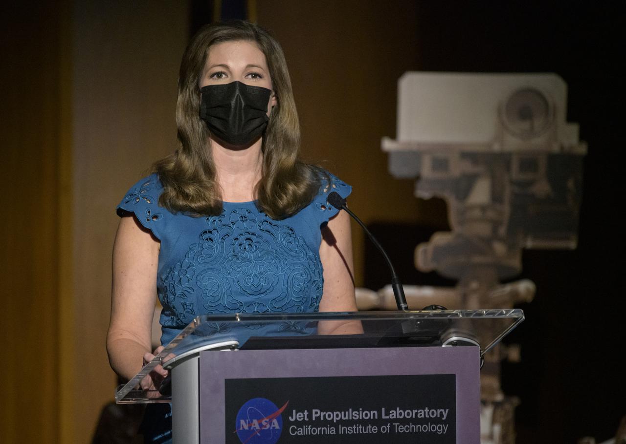 Media Affairs Specialist, JPL, Marina Jurica, moderates a NASA Perseverance rover mission science overview, Tuesday, Feb. 16, 2021, at NASA's Jet Propulsion Laboratory in Pasadena, California. The Perseverance Mars rover is due to land on Mars Thursday, Feb. 18, 2021. A key objective for Perseverance’s mission on Mars is astrobiology, including the search for signs of ancient microbial life. The rover will characterize the planet’s geology and past climate, pave the way for human exploration of the Red Planet, and be the first mission to collect and cache Martian rock and regolith. Photo Credit: (NASA/Bill Ingalls)