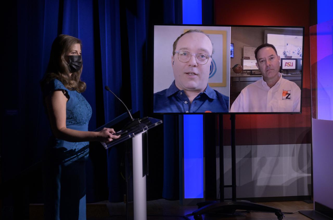 Perseverance deputy project scientist, JPL, Ken Williford, screen left, and Principal investigator, Mastcam-Z instrument, Arizona State University, Tempe, Jim Bell, give remarks via remote during a NASA Perseverance rover mission science overview, Tuesday, Feb. 16, 2021, at NASA's Jet Propulsion Laboratory in Pasadena, California. The Perseverance Mars rover is due to land on Mars Thursday, Feb. 18, 2021. A key objective for Perseverance’s mission on Mars is astrobiology, including the search for signs of ancient microbial life. The rover will characterize the planet’s geology and past climate, pave the way for human exploration of the Red Planet, and be the first mission to collect and cache Martian rock and regolith. Photo Credit: (NASA/Bill Ingalls)