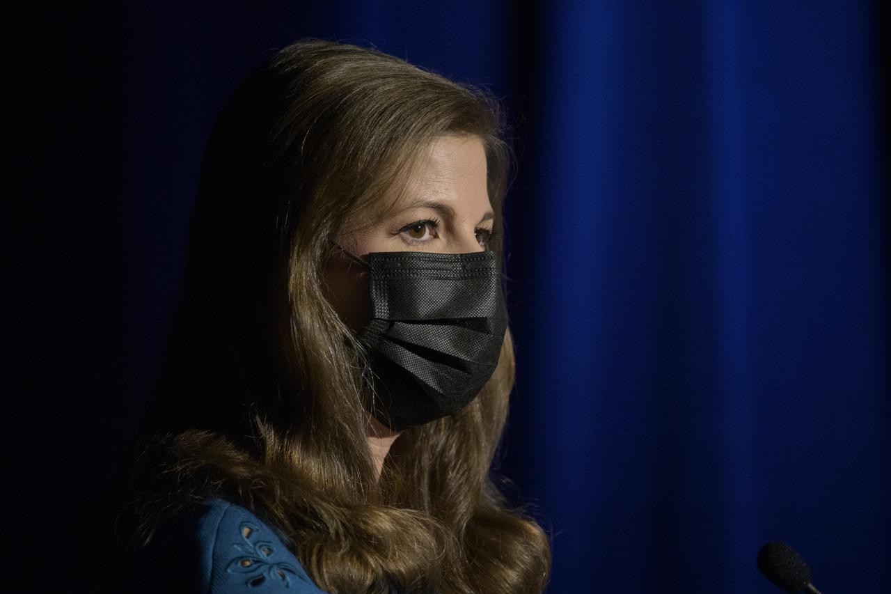 Media Affairs Specialist, JPL, Marina Jurica, moderates a NASA Perseverance rover mission science overview, Tuesday, Feb. 16, 2021, at NASA's Jet Propulsion Laboratory in Pasadena, California. The Perseverance Mars rover is due to land on Mars Thursday, Feb. 18, 2021. A key objective for Perseverance’s mission on Mars is astrobiology, including the search for signs of ancient microbial life. The rover will characterize the planet’s geology and past climate, pave the way for human exploration of the Red Planet, and be the first mission to collect and cache Martian rock and regolith. Photo Credit: (NASA/Bill Ingalls)