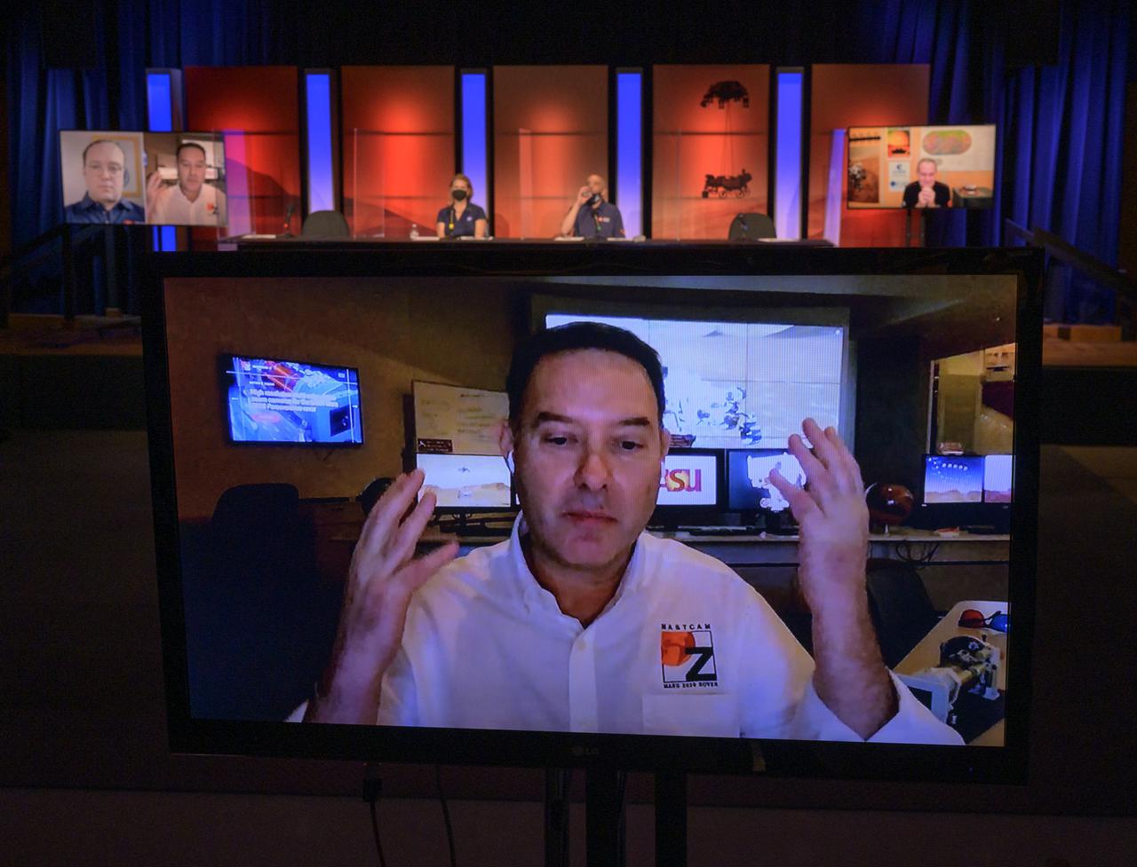Principal investigator, Mastcam-Z instrument, Arizona State University, Tempe, Jim Bell,  gives remarks via remote during a NASA Perseverance rover mission science overview, Tuesday, Feb. 16, 2021, at NASA's Jet Propulsion Laboratory in Pasadena, California. The Perseverance Mars rover is due to land on Mars Thursday, Feb. 18, 2021. A key objective for Perseverance’s mission on Mars is astrobiology, including the search for signs of ancient microbial life. The rover will characterize the planet’s geology and past climate, pave the way for human exploration of the Red Planet, and be the first mission to collect and cache Martian rock and regolith. Photo Credit: (NASA/Bill Ingalls)