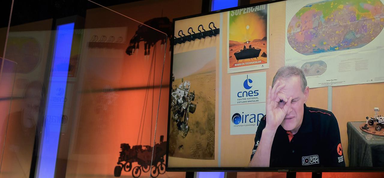 Deputy principal investigator, SuperCam instrument, Institut de Recherche Astrophysique et Planétologie, Toulouse, France, Sylvestre Maurice, gives remarks via remote during a NASA Perseverance rover mission science overview, Tuesday, Feb. 16, 2021, at NASA's Jet Propulsion Laboratory in Pasadena, California. The Perseverance Mars rover is due to land on Mars Thursday, Feb. 18, 2021. A key objective for Perseverance’s mission on Mars is astrobiology, including the search for signs of ancient microbial life. The rover will characterize the planet’s geology and past climate, pave the way for human exploration of the Red Planet, and be the first mission to collect and cache Martian rock and regolith. Photo Credit: (NASA/Bill Ingalls)