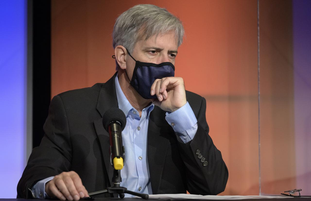 Mars 2020 Deputy Project Manager Matt Wallace, gives remarks during a NASA Perseverance rover mission landing update, Wednesday, Feb. 17, 2021, at NASA's Jet Propulsion Laboratory in Pasadena, California. The Perseverance Mars rover is due to land on Mars Thursday, Feb. 18, 2021. A key objective for Perseverance’s mission on Mars is astrobiology, including the search for signs of ancient microbial life. The rover will characterize the planet’s geology and past climate, pave the way for human exploration of the Red Planet, and be the first mission to collect and cache Martian rock and regolith. Photo Credit: (NASA/Bill Ingalls)