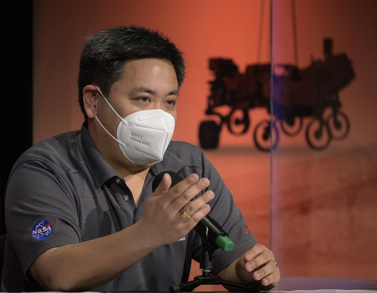 Perseverance entry, descent, and landing lead, JPL, Allen Chen, gives remarks during a NASA Perseverance rover mission landing update, Wednesday, Feb. 17, 2021, at NASA's Jet Propulsion Laboratory in Pasadena, California. The Perseverance Mars rover is due to land on Mars Thursday, Feb. 18, 2021. A key objective for Perseverance’s mission on Mars is astrobiology, including the search for signs of ancient microbial life. The rover will characterize the planet’s geology and past climate, pave the way for human exploration of the Red Planet, and be the first mission to collect and cache Martian rock and regolith. Photo Credit: (NASA/Bill Ingalls)