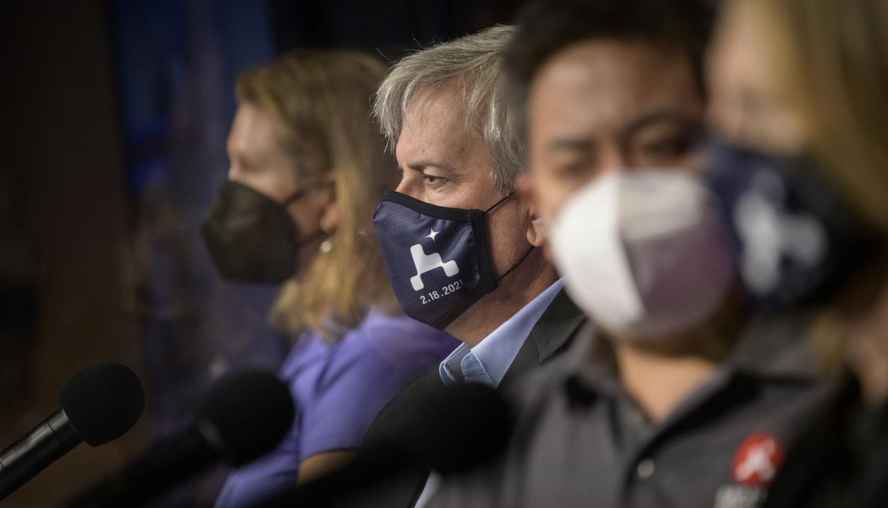 Mars 2020 Deputy Project Manager Matt Wallace, gives remarks during a NASA Perseverance rover mission landing update, Wednesday, Feb. 17, 2021, at NASA's Jet Propulsion Laboratory in Pasadena, California. The Perseverance Mars rover is due to land on Mars Thursday, Feb. 18, 2021. A key objective for Perseverance’s mission on Mars is astrobiology, including the search for signs of ancient microbial life. The rover will characterize the planet’s geology and past climate, pave the way for human exploration of the Red Planet, and be the first mission to collect and cache Martian rock and regolith. Photo Credit: (NASA/Bill Ingalls)