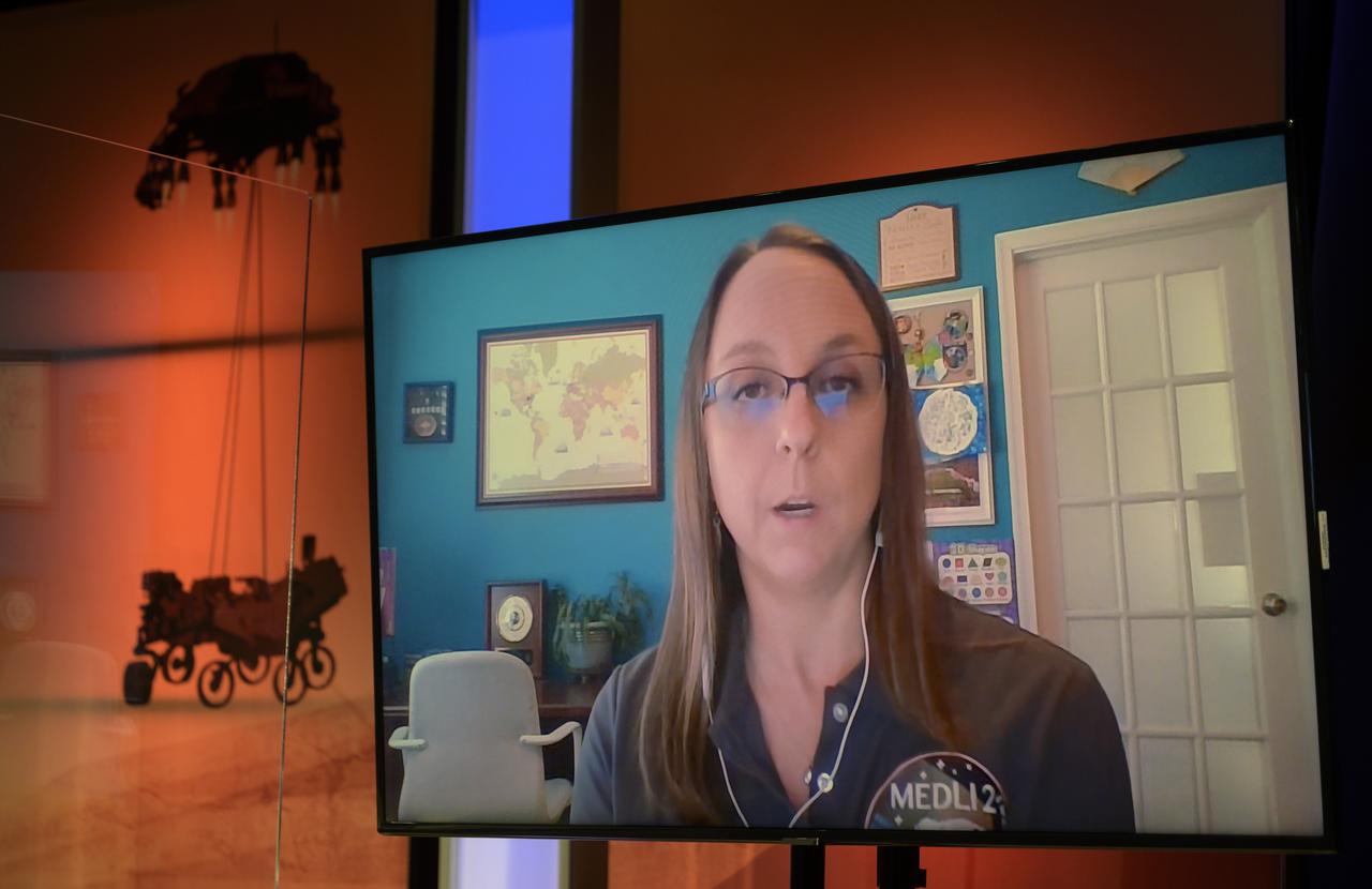 Deputy chief engineer, Mars Entry, Descent, and Landing Instrumentation 2 (MEDLI2) sensor suite, NASA’s Langley Research Center, Kaitlin Liles, gives remarks via remote during a NASA Perseverance rover mission landing update, Wednesday, Feb. 17, 2021, at NASA's Jet Propulsion Laboratory in Pasadena, California. The Perseverance Mars rover is due to land on Mars Thursday, Feb. 18, 2021. A key objective for Perseverance’s mission on Mars is astrobiology, including the search for signs of ancient microbial life. The rover will characterize the planet’s geology and past climate, pave the way for human exploration of the Red Planet, and be the first mission to collect and cache Martian rock and regolith. Photo Credit: (NASA/Bill Ingalls)