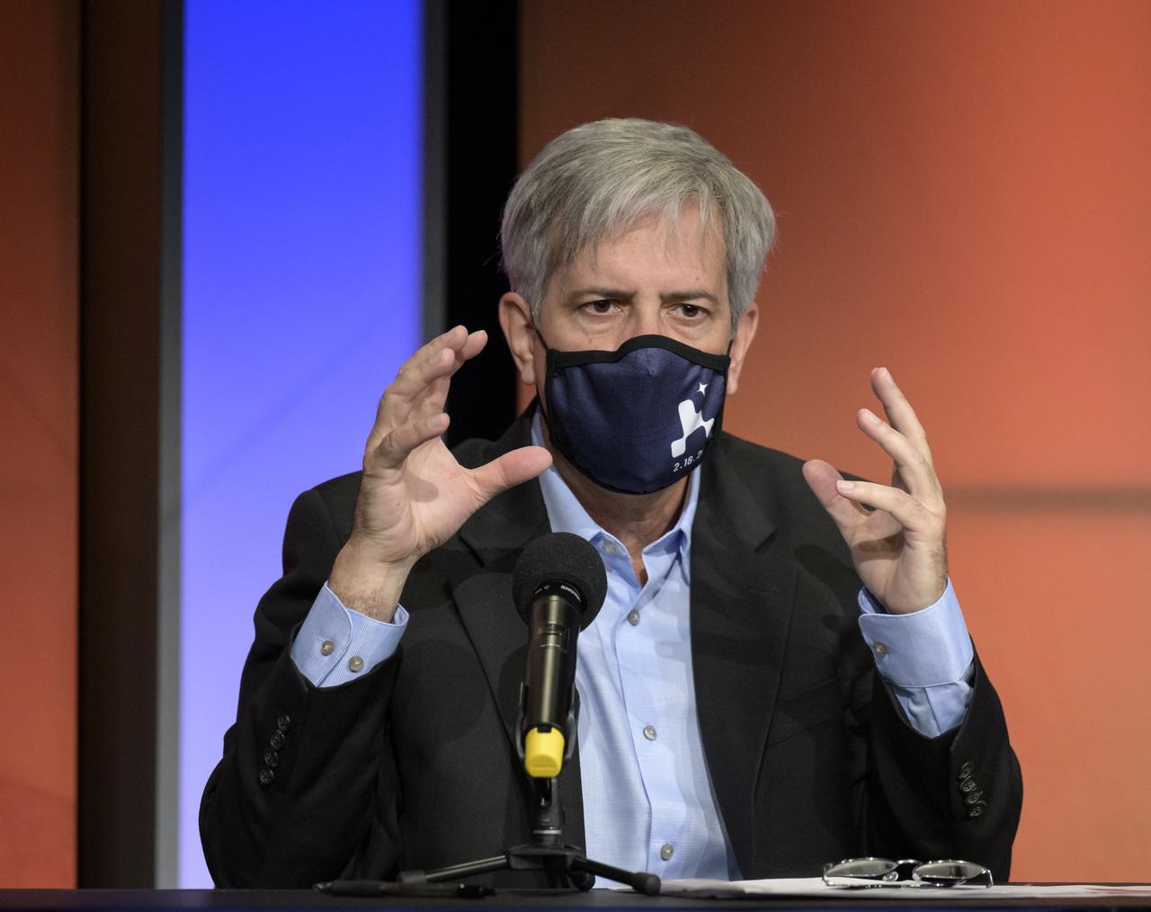 Mars 2020 Deputy Project Manager Matt Wallace, gives remarks during a NASA Perseverance rover mission landing update, Wednesday, Feb. 17, 2021, at NASA's Jet Propulsion Laboratory in Pasadena, California. The Perseverance Mars rover is due to land on Mars Thursday, Feb. 18, 2021. A key objective for Perseverance’s mission on Mars is astrobiology, including the search for signs of ancient microbial life. The rover will characterize the planet’s geology and past climate, pave the way for human exploration of the Red Planet, and be the first mission to collect and cache Martian rock and regolith. Photo Credit: (NASA/Bill Ingalls)