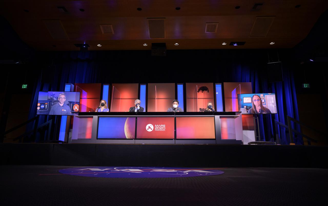 Perseverance Mars rover mission managers and scientist are seen during a NASA Perseverance rover mission landing update, Wednesday, Feb. 17, 2021, at NASA's Jet Propulsion Laboratory in Pasadena, California. The Perseverance Mars rover is due to land on Mars Thursday, Feb. 18, 2021. A key objective for Perseverance’s mission on Mars is astrobiology, including the search for signs of ancient microbial life. The rover will characterize the planet’s geology and past climate, pave the way for human exploration of the Red Planet, and be the first mission to collect and cache Martian rock and regolith. Photo Credit: (NASA/Bill Ingalls)