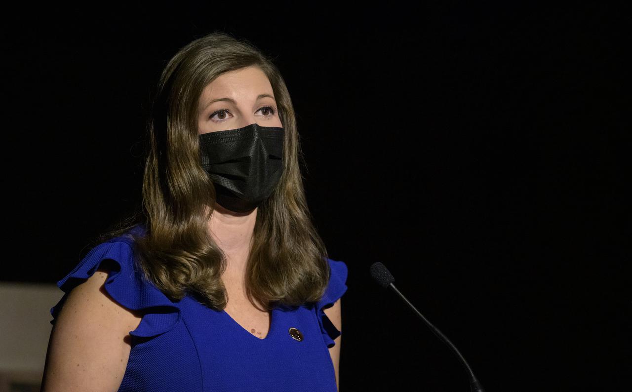 Media Affairs Specialist, JPL, Marina Jurica, moderates a NASA Perseverance rover mission landing update, Wednesday, Feb. 17, 2021, at NASA's Jet Propulsion Laboratory in Pasadena, California. The Perseverance Mars rover is due to land on Mars Thursday, Feb. 18, 2021. A key objective for Perseverance’s mission on Mars is astrobiology, including the search for signs of ancient microbial life. The rover will characterize the planet’s geology and past climate, pave the way for human exploration of the Red Planet, and be the first mission to collect and cache Martian rock and regolith. Photo Credit: (NASA/Bill Ingalls)