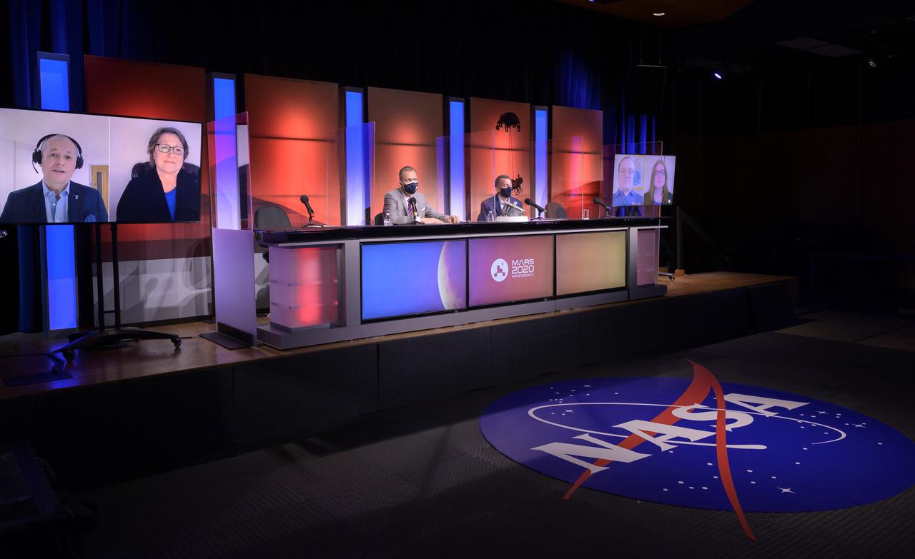Perseverance Mars rover mission managers and scientist give remarks during a NASA Perseverance rover press briefing about the search for ancient life at Mars and about samples to be brought back to Earth on a future mission, Wednesday, Feb. 17, 2021, at NASA's Jet Propulsion Laboratory in Pasadena, California. The Perseverance Mars rover is due to land on Mars Thursday, Feb. 18, 2021. A key objective for Perseverance’s mission on Mars is astrobiology, including the search for signs of ancient microbial life. The rover will characterize the planet’s geology and past climate, pave the way for human exploration of the Red Planet, and be the first mission to collect and cache Martian rock and regolith. Photo Credit: (NASA/Bill Ingalls)