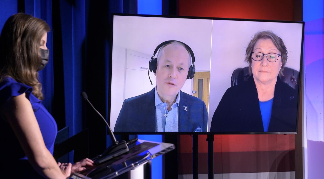 Director of human and robotic exploration, ESA’s European Space Research and Technology Centre (ESTEC), Netherlands, David Parker, , screen left, and Director of NASA’s astrobiology program, Mary Voytek,  give remarks via remote during a NASA Perseverance rover press briefing about the search for ancient life at Mars and about samples to be brought back to Earth on a future mission, Wednesday, Feb. 17, 2021, at NASA's Jet Propulsion Laboratory in Pasadena, California. The Perseverance Mars rover is due to land on Mars Thursday, Feb. 18, 2021. A key objective for Perseverance’s mission on Mars is astrobiology, including the search for signs of ancient microbial life. The rover will characterize the planet’s geology and past climate, pave the way for human exploration of the Red Planet, and be the first mission to collect and cache Martian rock and regolith. Photo Credit: (NASA/Bill Ingalls)
