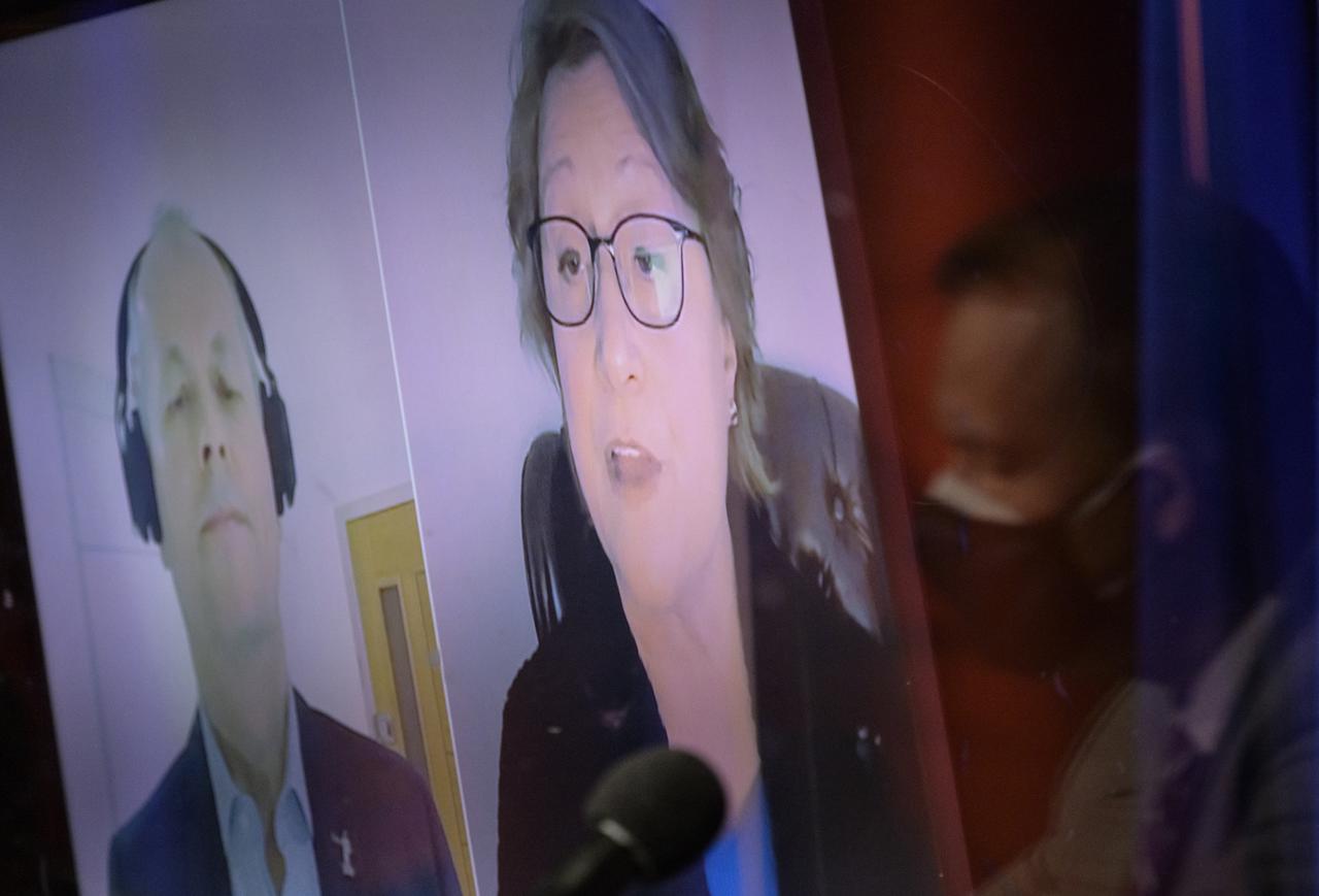 Director of human and robotic exploration, ESA’s European Space Research and Technology Centre (ESTEC), Netherlands, David Parker, , screen left, and Director of NASA’s astrobiology program, Mary Voytek,  give remarks via remote during a NASA Perseverance rover press briefing about the search for ancient life at Mars and about samples to be brought back to Earth on a future mission, Wednesday, Feb. 17, 2021, at NASA's Jet Propulsion Laboratory in Pasadena, California. The Perseverance Mars rover is due to land on Mars Thursday, Feb. 18, 2021. A key objective for Perseverance’s mission on Mars is astrobiology, including the search for signs of ancient microbial life. The rover will characterize the planet’s geology and past climate, pave the way for human exploration of the Red Planet, and be the first mission to collect and cache Martian rock and regolith. Photo Credit: (NASA/Bill Ingalls)