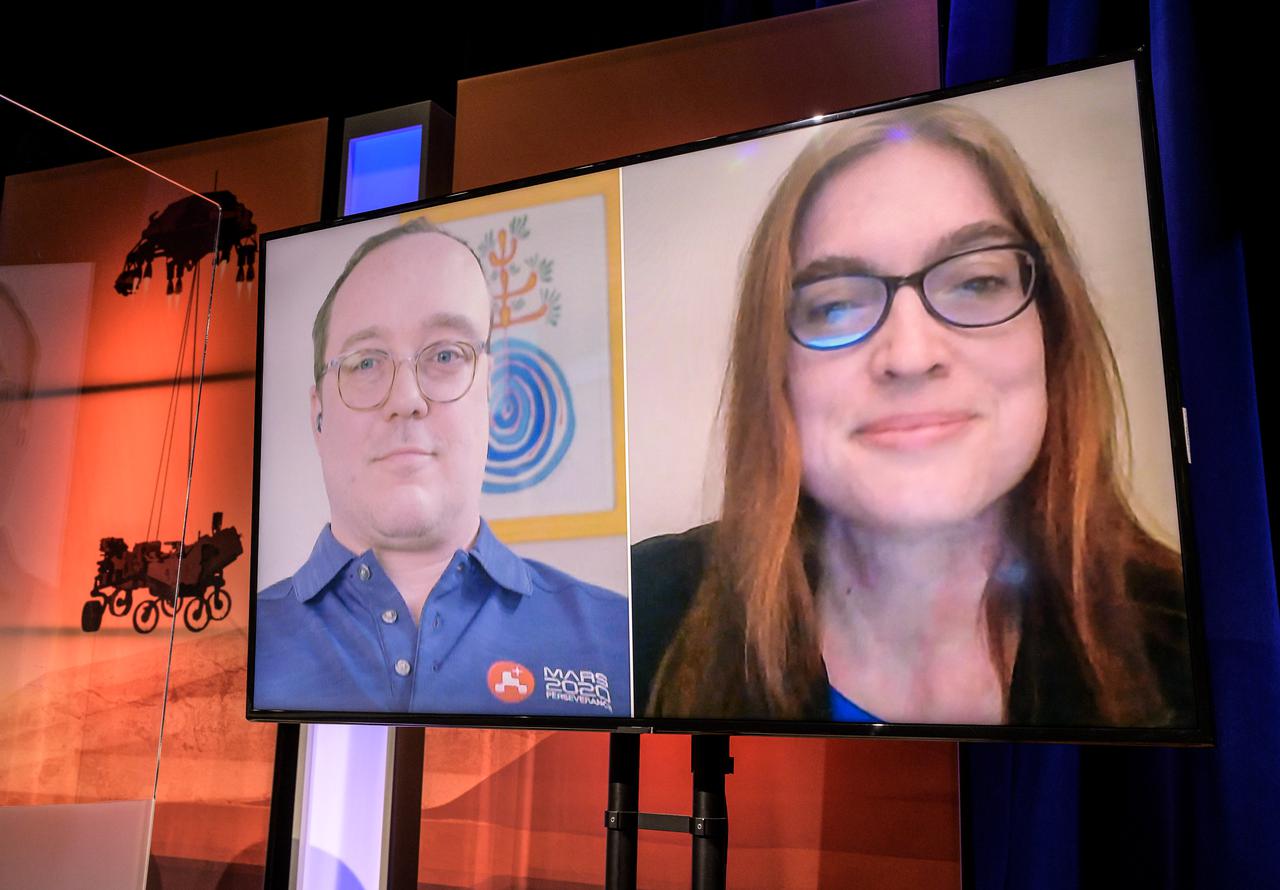 Perseverance deputy project scientist, JPL, Ken Williford, screen left, and Participating scientist for returned sample science, University of Nevada Las Vegas, Libby Hausrath, give remarks via remote during a NASA Perseverance rover press briefing about the search for ancient life at Mars and about samples to be brought back to Earth on a future mission, Wednesday, Feb. 17, 2021, at NASA's Jet Propulsion Laboratory in Pasadena, California. The Perseverance Mars rover is due to land on Mars Thursday, Feb. 18, 2021. A key objective for Perseverance’s mission on Mars is astrobiology, including the search for signs of ancient microbial life. The rover will characterize the planet’s geology and past climate, pave the way for human exploration of the Red Planet, and be the first mission to collect and cache Martian rock and regolith. Photo Credit: (NASA/Bill Ingalls)