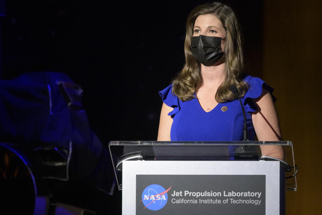 Media Affairs Specialist, JPL, Marina Jurica, moderates a NASA Perseverance rover press briefing about the search for ancient life at Mars and about samples to be brought back to Earth on a future mission, Wednesday, Feb. 17, 2021, at NASA's Jet Propulsion Laboratory in Pasadena, California. The Perseverance Mars rover is due to land on Mars Thursday, Feb. 18, 2021. A key objective for Perseverance’s mission on Mars is astrobiology, including the search for signs of ancient microbial life. The rover will characterize the planet’s geology and past climate, pave the way for human exploration of the Red Planet, and be the first mission to collect and cache Martian rock and regolith. Photo Credit: (NASA/Bill Ingalls)