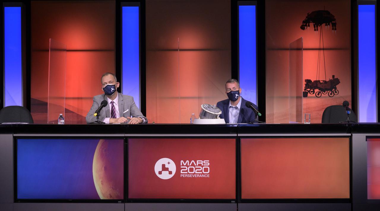 Associate Administrator of NASA's Science Mission Directorate, Thomas Zurbuchen, left, and Mars Sample Return program manager, JPL, Bobby Braun, give remarks during a NASA Perseverance rover press briefing about the search for ancient life at Mars and about samples to be brought back to Earth on a future mission, Wednesday, Feb. 17, 2021, at NASA's Jet Propulsion Laboratory in Pasadena, California. The Perseverance Mars rover is due to land on Mars Thursday, Feb. 18, 2021. A key objective for Perseverance’s mission on Mars is astrobiology, including the search for signs of ancient microbial life. The rover will characterize the planet’s geology and past climate, pave the way for human exploration of the Red Planet, and be the first mission to collect and cache Martian rock and regolith. Photo Credit: (NASA/Bill Ingalls)
