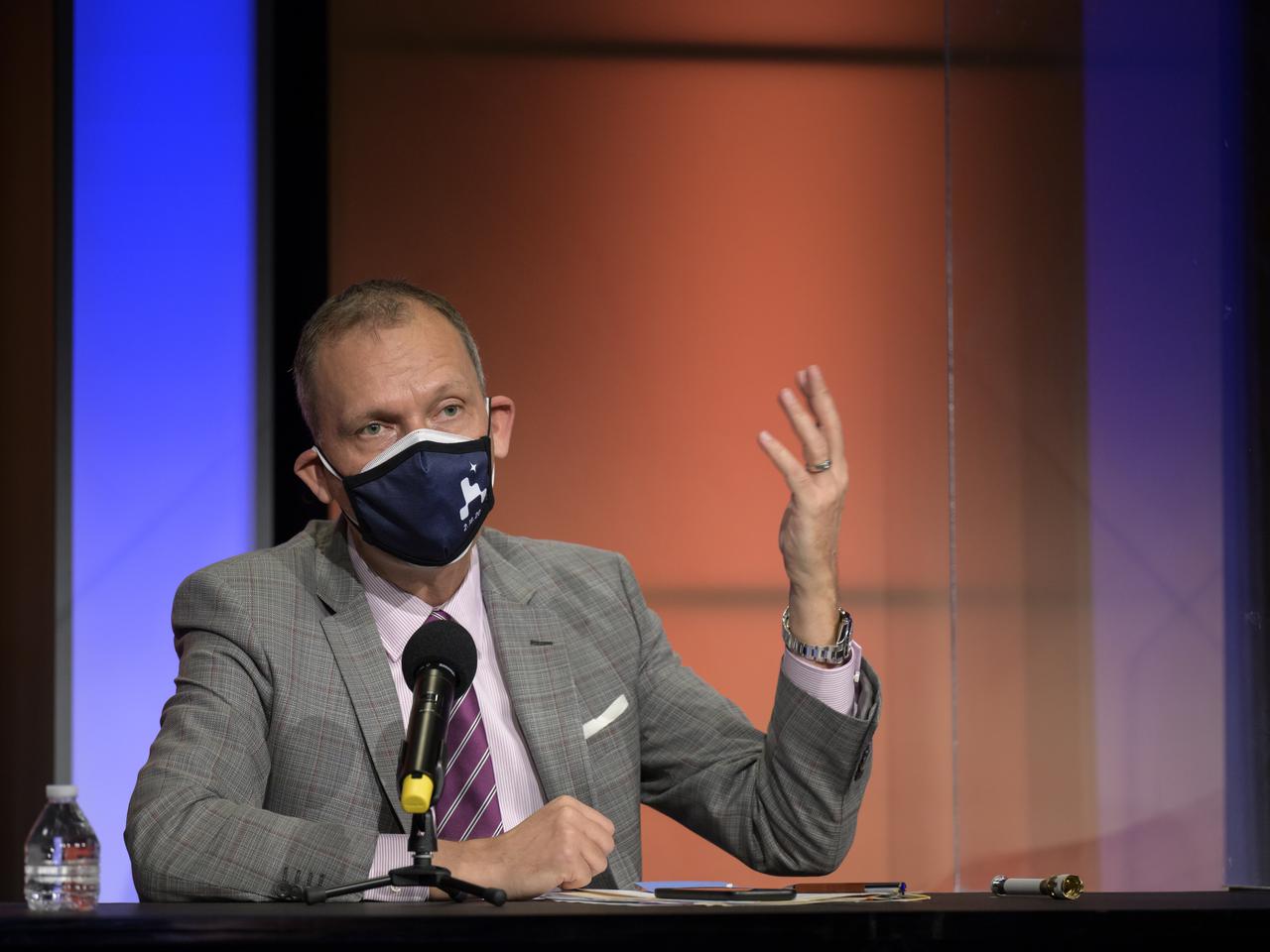 Associate Administrator of NASA's Science Mission Directorate, Thomas Zurbuchen, gives remarks during a NASA Perseverance rover press briefing about the search for ancient life at Mars and about samples to be brought back to Earth on a future mission, Wednesday, Feb. 17, 2021, at NASA's Jet Propulsion Laboratory in Pasadena, California. The Perseverance Mars rover is due to land on Mars Thursday, Feb. 18, 2021. A key objective for Perseverance’s mission on Mars is astrobiology, including the search for signs of ancient microbial life. The rover will characterize the planet’s geology and past climate, pave the way for human exploration of the Red Planet, and be the first mission to collect and cache Martian rock and regolith. Photo Credit: (NASA/Bill Ingalls)