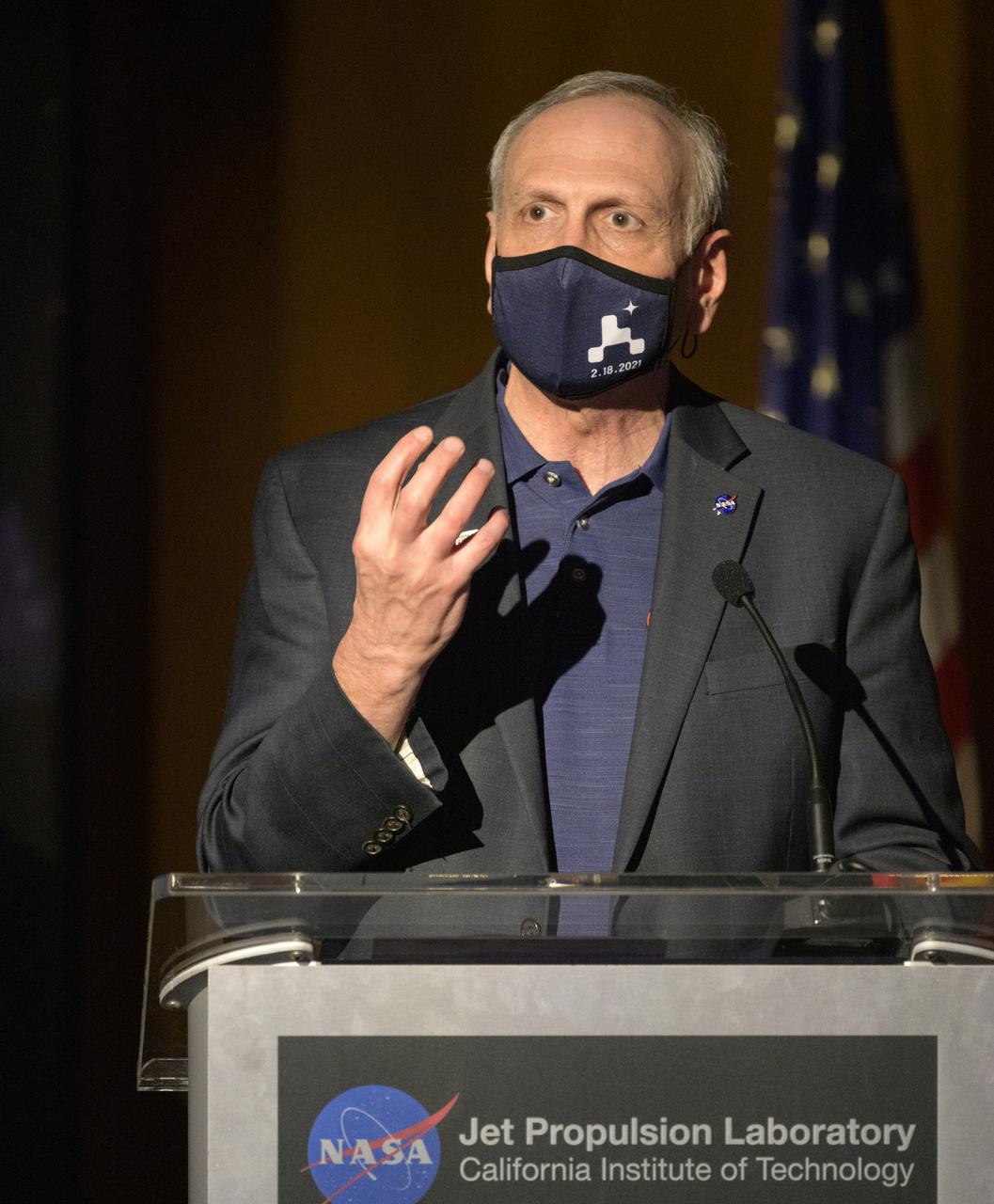 Acting NASA Administrator Steve Jurczyk gives remarks during a NASA Perseverance rover mission post landing update, Thursday, Feb. 18, 2021, at NASA's Jet Propulsion Laboratory in Pasadena, California. A key objective for Perseverance’s mission on Mars is astrobiology, including the search for signs of ancient microbial life. The rover will characterize the planet’s geology and past climate, pave the way for human exploration of the Red Planet, and be the first mission to collect and cache Martian rock and regolith. Photo Credit: (NASA/Bill Ingalls)