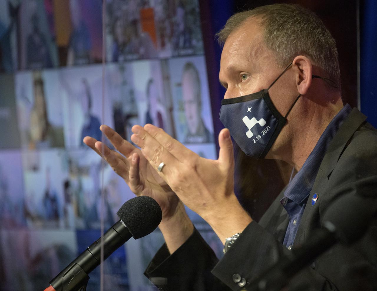 Associate Administrator of NASA's Science Mission Directorate, Thomas Zurbuchen,  gives remarks during a NASA Perseverance rover mission post-landing update, Thursday, Feb. 18, 2021, at NASA's Jet Propulsion Laboratory in Pasadena, California. A key objective for Perseverance’s mission on Mars is astrobiology, including the search for signs of ancient microbial life. The rover will characterize the planet’s geology and past climate, pave the way for human exploration of the Red Planet, and be the first mission to collect and cache Martian rock and regolith. Photo Credit: (NASA/Bill Ingalls)
