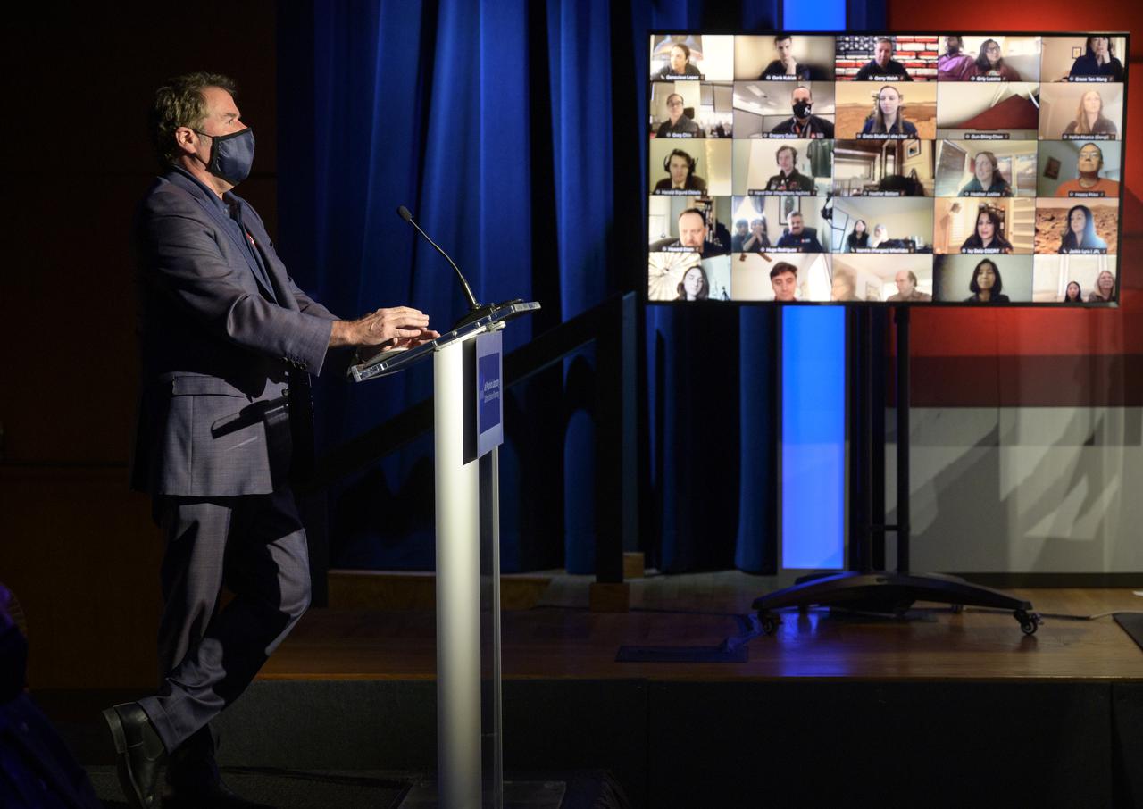 JPL Director Michael Watkins gives remarks during a NASA Perseverance rover mission post-landing update, Thursday, Feb. 18, 2021, at NASA's Jet Propulsion Laboratory in Pasadena, California. A key objective for Perseverance’s mission on Mars is astrobiology, including the search for signs of ancient microbial life. The rover will characterize the planet’s geology and past climate, pave the way for human exploration of the Red Planet, and be the first mission to collect and cache Martian rock and regolith. Photo Credit: (NASA/Bill Ingalls)