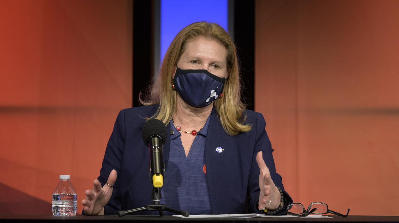 Director of NASA's Science Mission Directorate’s Planetary Science Division, Lori Glaze, gives remarks during a NASA Perseverance rover mission post-landing update, Thursday, Feb. 18, 2021, at NASA's Jet Propulsion Laboratory in Pasadena, California. A key objective for Perseverance’s mission on Mars is astrobiology, including the search for signs of ancient microbial life. The rover will characterize the planet’s geology and past climate, pave the way for human exploration of the Red Planet, and be the first mission to collect and cache Martian rock and regolith. Photo Credit: (NASA/Bill Ingalls)