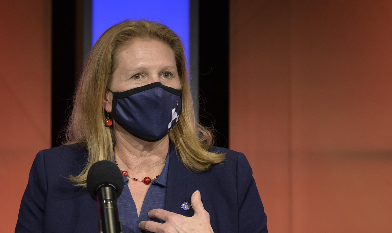 Director of NASA's Science Mission Directorate’s Planetary Science Division, Lori Glaze, gives remarks during a NASA Perseverance rover mission post-landing update, Thursday, Feb. 18, 2021, at NASA's Jet Propulsion Laboratory in Pasadena, California. A key objective for Perseverance’s mission on Mars is astrobiology, including the search for signs of ancient microbial life. The rover will characterize the planet’s geology and past climate, pave the way for human exploration of the Red Planet, and be the first mission to collect and cache Martian rock and regolith. Photo Credit: (NASA/Bill Ingalls)
