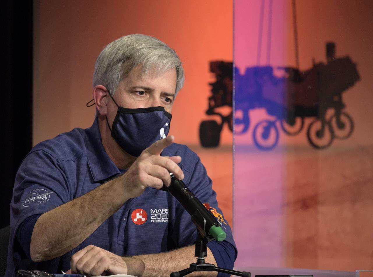 Mars 2020 Deputy Project Manager Matt Wallace, gives remarks during a NASA Perseverance rover mission post-landing update, Thursday, Feb. 18, 2021, at NASA's Jet Propulsion Laboratory in Pasadena, California. A key objective for Perseverance’s mission on Mars is astrobiology, including the search for signs of ancient microbial life. The rover will characterize the planet’s geology and past climate, pave the way for human exploration of the Red Planet, and be the first mission to collect and cache Martian rock and regolith. Photo Credit: (NASA/Bill Ingalls)