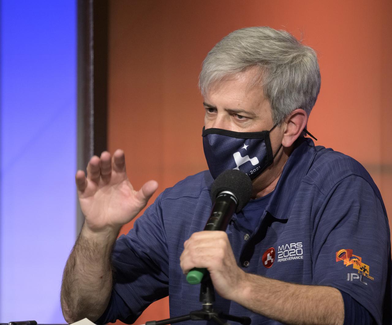 Mars 2020 Deputy Project Manager Matt Wallace, gives remarks during a NASA Perseverance rover mission post-landing update, Thursday, Feb. 18, 2021, at NASA's Jet Propulsion Laboratory in Pasadena, California. A key objective for Perseverance’s mission on Mars is astrobiology, including the search for signs of ancient microbial life. The rover will characterize the planet’s geology and past climate, pave the way for human exploration of the Red Planet, and be the first mission to collect and cache Martian rock and regolith. Photo Credit: (NASA/Bill Ingalls)