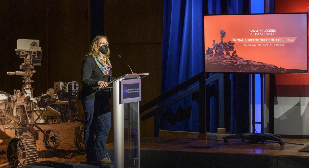 Media Affairs Specialist, JPL, Veronica McGregor, moderates a NASA Perseverance rover initial surface checkout briefing, Friday Feb. 19, 2021, at NASA's Jet Propulsion Laboratory in Pasadena, California. The Perseverance Mars rover landed on Mars Thursday, Feb. 18, 2021. A key objective for Perseverance’s mission on Mars is astrobiology, including the search for signs of ancient microbial life. The rover will characterize the planet’s geology and past climate, pave the way for human exploration of the Red Planet, and be the first mission to collect and cache Martian rock and regolith. Photo Credit: (NASA/Bill Ingalls)