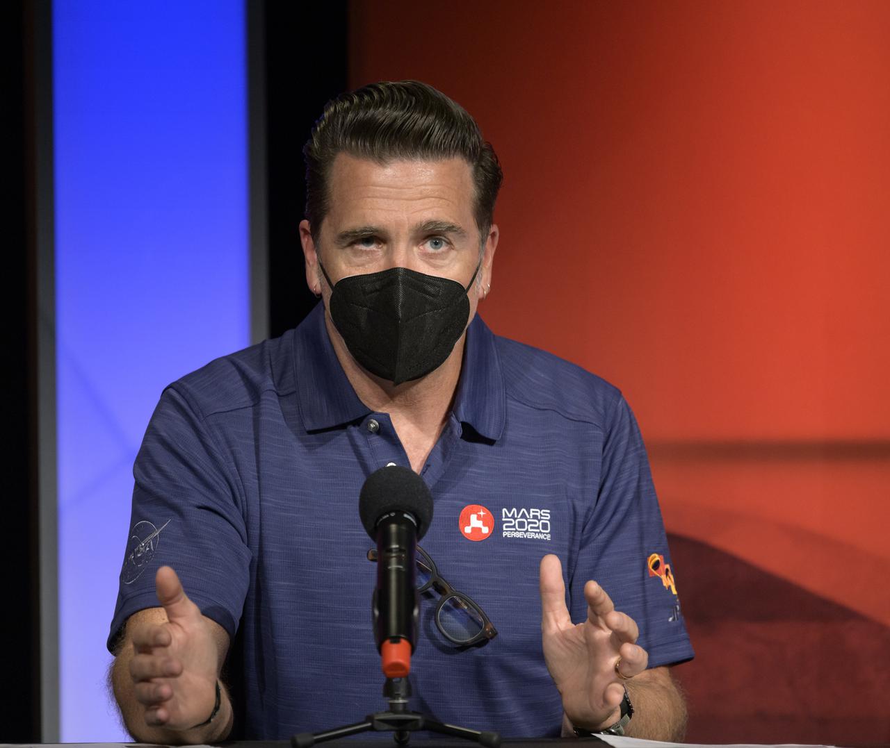 Perseverance chief engineer Adam Steltzner gives remarks during a NASA Perseverance rover initial surface checkout briefing, Friday Feb. 19, 2021, at NASA's Jet Propulsion Laboratory in Pasadena, California. The Perseverance Mars rover landed on Mars Thursday, Feb. 18, 2021. A key objective for Perseverance’s mission on Mars is astrobiology, including the search for signs of ancient microbial life. The rover will characterize the planet’s geology and past climate, pave the way for human exploration of the Red Planet, and be the first mission to collect and cache Martian rock and regolith. Photo Credit: (NASA/Bill Ingalls)