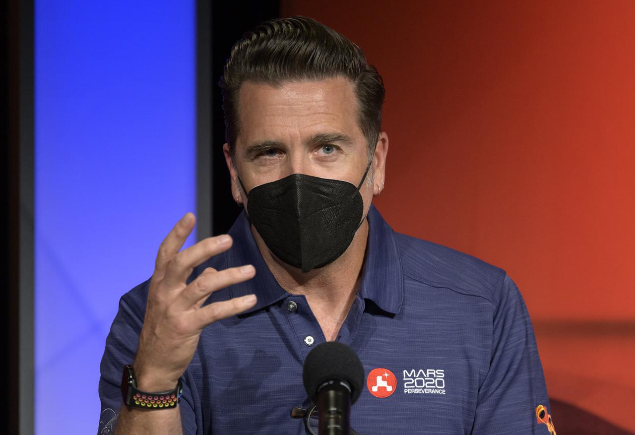 Perseverance chief engineer Adam Steltzner gives remarks during a NASA Perseverance rover initial surface checkout briefing, Friday Feb. 19, 2021, at NASA's Jet Propulsion Laboratory in Pasadena, California. The Perseverance Mars rover landed on Mars Thursday, Feb. 18, 2021. A key objective for Perseverance’s mission on Mars is astrobiology, including the search for signs of ancient microbial life. The rover will characterize the planet’s geology and past climate, pave the way for human exploration of the Red Planet, and be the first mission to collect and cache Martian rock and regolith. Photo Credit: (NASA/Bill Ingalls)