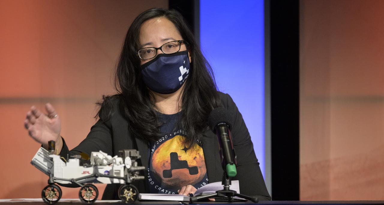 Mars 2020 Strategic Mission Manager Pauline Hwang, gives remarks during a NASA Perseverance rover initial surface checkout briefing, Friday Feb. 19, 2021, at NASA's Jet Propulsion Laboratory in Pasadena, California. The Perseverance Mars rover landed on Mars Thursday, Feb. 18, 2021. A key objective for Perseverance’s mission on Mars is astrobiology, including the search for signs of ancient microbial life. The rover will characterize the planet’s geology and past climate, pave the way for human exploration of the Red Planet, and be the first mission to collect and cache Martian rock and regolith. Photo Credit: (NASA/Bill Ingalls)