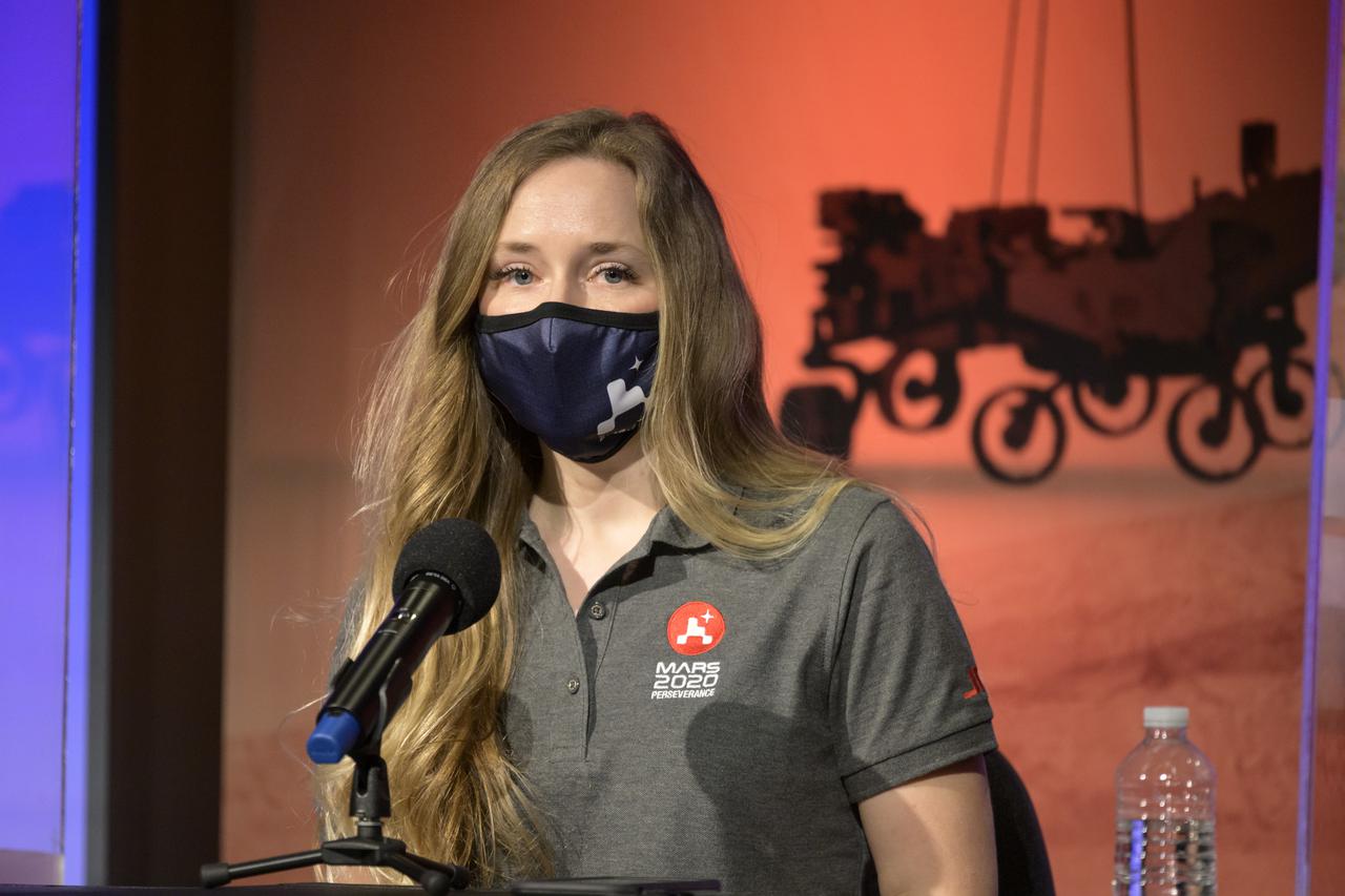 Instrument Data Systems Operations team lead Hallie Gengle, gives remarks during a NASA Perseverance rover initial surface checkout briefing, Friday Feb. 19, 2021, at NASA's Jet Propulsion Laboratory in Pasadena, California. The Perseverance Mars rover landed on Mars Thursday, Feb. 18, 2021. A key objective for Perseverance’s mission on Mars is astrobiology, including the search for signs of ancient microbial life. The rover will characterize the planet’s geology and past climate, pave the way for human exploration of the Red Planet, and be the first mission to collect and cache Martian rock and regolith. Photo Credit: (NASA/Bill Ingalls)