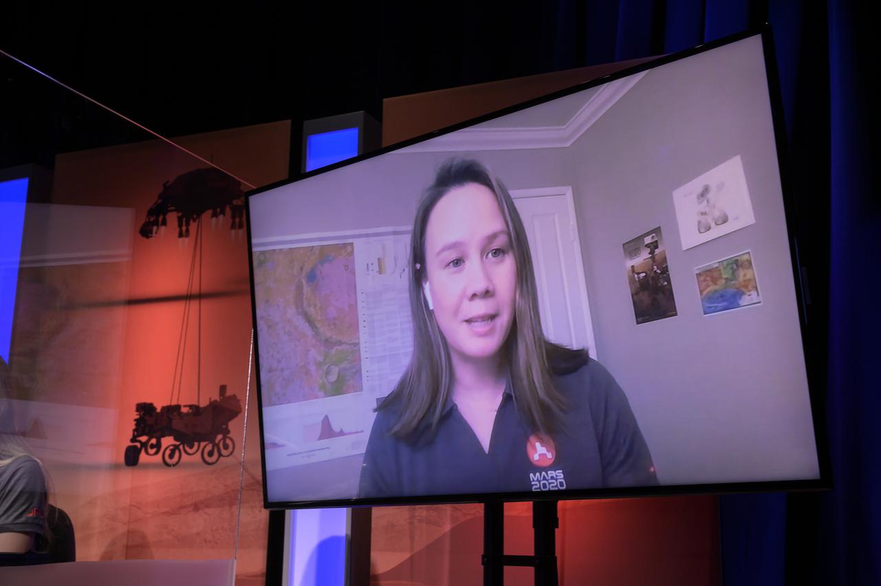 Deputy project manager Katie Stack Morgan gives remarks during a NASA Perseverance rover initial surface checkout briefing, Friday Feb. 19, 2021, at NASA's Jet Propulsion Laboratory in Pasadena, California. The Perseverance Mars rover landed on Mars Thursday, Feb. 18, 2021. A key objective for Perseverance’s mission on Mars is astrobiology, including the search for signs of ancient microbial life. The rover will characterize the planet’s geology and past climate, pave the way for human exploration of the Red Planet, and be the first mission to collect and cache Martian rock and regolith. Photo Credit: (NASA/Bill Ingalls)