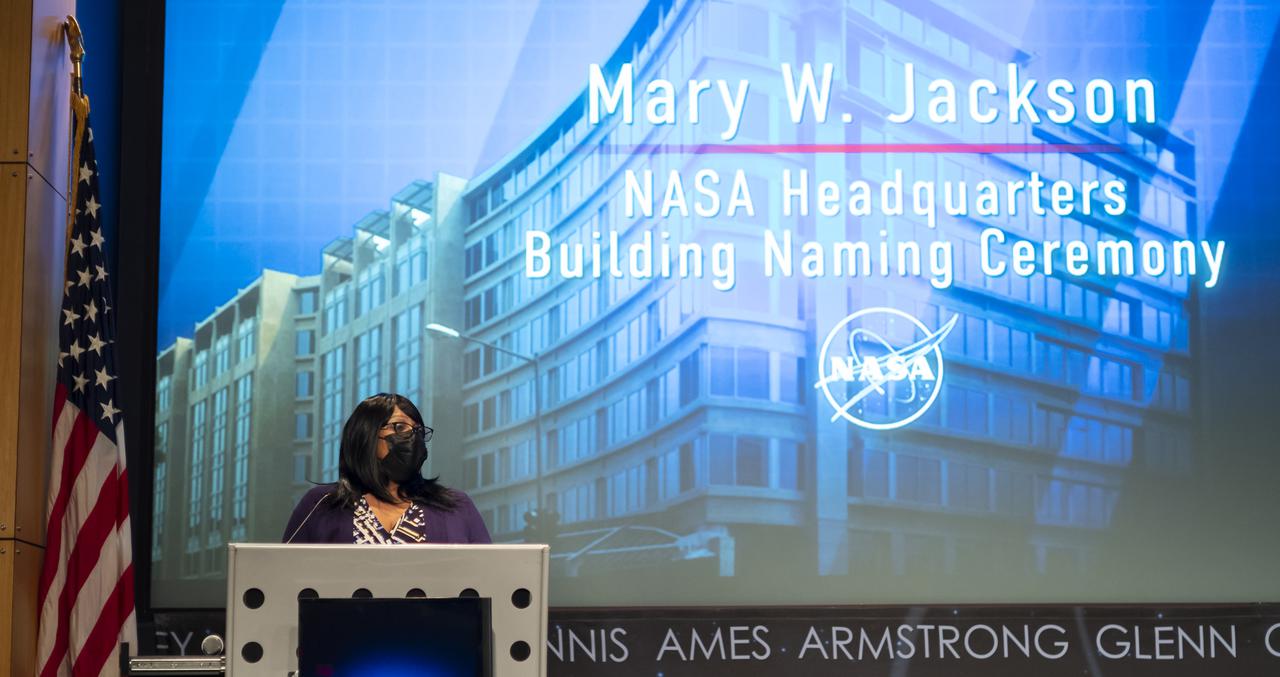 Wanda Jackson, granddaughter of Mary W. Jackson, speaks during a ceremony officially naming the NASA Headquarters building in honor of Mary W. Jackson, Friday, Feb. 26, 2021, at NASA Headquarters in Washington, DC. Mary W. Jackson, the first African American female engineer at NASA, began her career with the agency in the segregated West Area Computing Unit of NASA’s Langley Research Center in Hampton, Virginia. The mathematician and aerospace engineer went on to lead programs influencing the hiring and promotion of women in NASA's science, technology, engineering, and mathematics careers. In 2019, she posthumously received the Congressional Gold Medal. Photo Credit: (NASA/Joel Kowsky)
