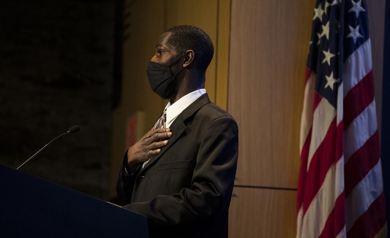 Bryan Jackson, grandson of Mary W. Jackson, speaks during a ceremony officially naming the NASA Headquarters building in honor of Mary W. Jackson, Friday, Feb. 26, 2021, at NASA Headquarters in Washington, DC. Mary W. Jackson, the first African American female engineer at NASA, began her career with the agency in the segregated West Area Computing Unit of NASA’s Langley Research Center in Hampton, Virginia. The mathematician and aerospace engineer went on to lead programs influencing the hiring and promotion of women in NASA's science, technology, engineering, and mathematics careers. In 2019, she posthumously received the Congressional Gold Medal. Photo Credit: (NASA/Joel Kowsky)