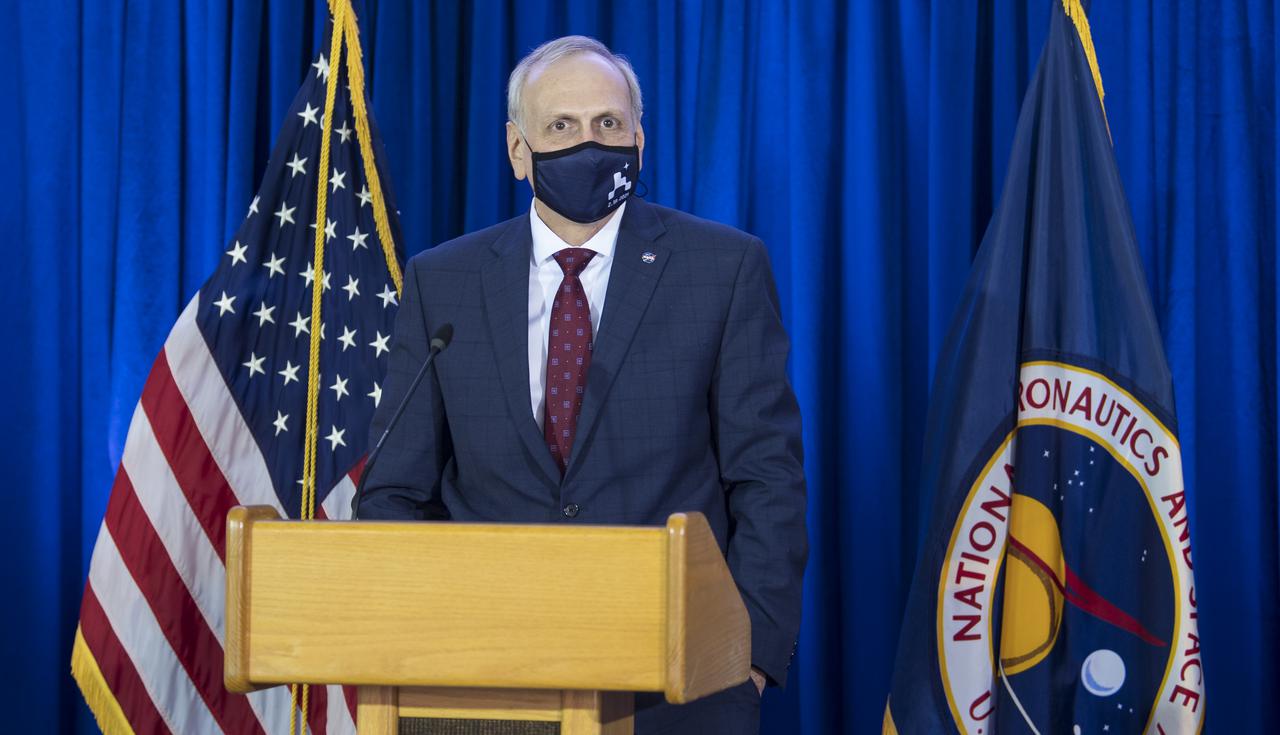 Acting NASA Administrator Steve Jurzyck speaks during a ceremony officially naming the NASA Headquarters building in honor of Mary W. Jackson, Friday, Feb. 26, 2021, at NASA Headquarters in Washington, DC. Mary W. Jackson, the first African American female engineer at NASA, began her career with the agency in the segregated West Area Computing Unit of NASA’s Langley Research Center in Hampton, Virginia. The mathematician and aerospace engineer went on to lead programs influencing the hiring and promotion of women in NASA's science, technology, engineering, and mathematics careers. In 2019, she posthumously received the Congressional Gold Medal. Photo Credit: (NASA/Joel Kowsky)