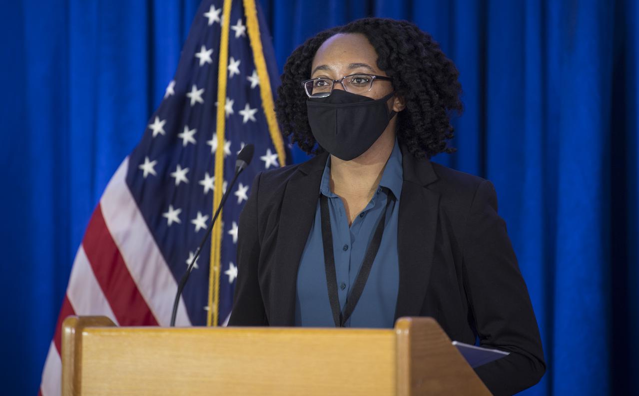 Yolanda Shea, a physical research scientist at NASA's Langley Research Center, speaks during a ceremony officially naming the NASA Headquarters building in honor of Mary W. Jackson, Friday, Feb. 26, 2021, at NASA Headquarters in Washington, DC. Mary W. Jackson, the first African American female engineer at NASA, began her career with the agency in the segregated West Area Computing Unit of NASA’s Langley Research Center in Hampton, Virginia. The mathematician and aerospace engineer went on to lead programs influencing the hiring and promotion of women in NASA's science, technology, engineering, and mathematics careers. In 2019, she posthumously received the Congressional Gold Medal. Photo Credit: (NASA/Joel Kowsky)