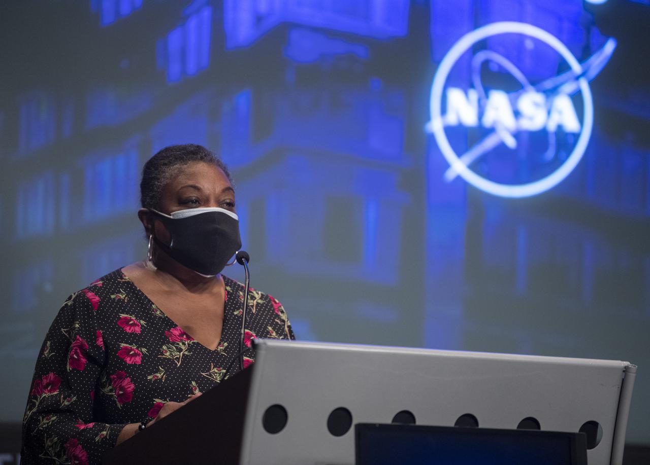 Deputy Mayor Lucinda M. Babers speaks during a ceremony officially naming the NASA Headquarters building in honor of Mary W. Jackson, Friday, Feb. 26, 2021, at NASA Headquarters in Washington, DC. Mary W. Jackson, the first African American female engineer at NASA, began her career with the agency in the segregated West Area Computing Unit of NASA’s Langley Research Center in Hampton, Virginia. The mathematician and aerospace engineer went on to lead programs influencing the hiring and promotion of women in NASA's science, technology, engineering, and mathematics careers. In 2019, she posthumously received the Congressional Gold Medal. Photo Credit: (NASA/Joel Kowsky)