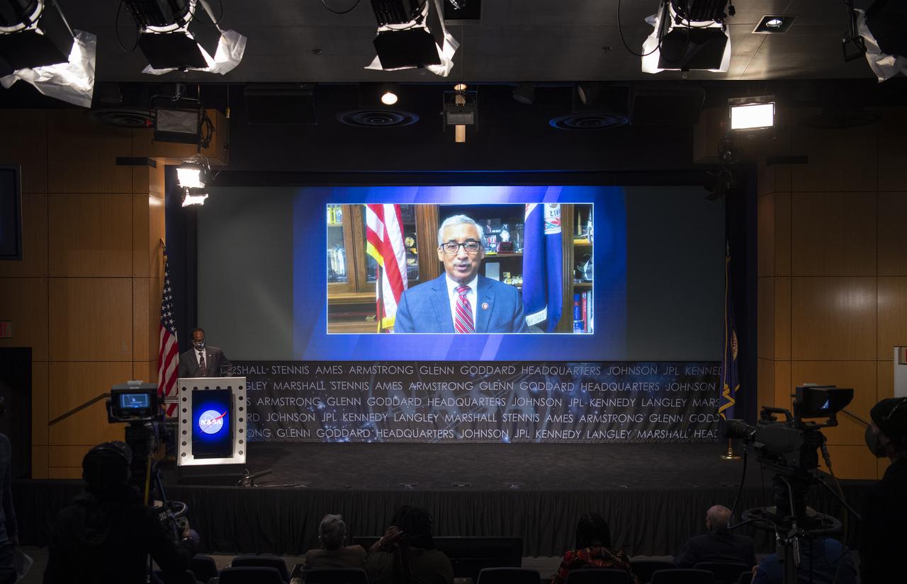 Rep. Bobby Scott (D-Va.), is seen onscreen in a pre-recorded message during a ceremony officially naming the NASA Headquarters building in honor of Mary W. Jackson, Friday, Feb. 26, 2021, at NASA Headquarters in Washington, DC. Mary W. Jackson, the first African American female engineer at NASA, began her career with the agency in the segregated West Area Computing Unit of NASA’s Langley Research Center in Hampton, Virginia. The mathematician and aerospace engineer went on to lead programs influencing the hiring and promotion of women in NASA's science, technology, engineering, and mathematics careers. In 2019, she posthumously received the Congressional Gold Medal. Photo Credit: (NASA/Joel Kowsky)