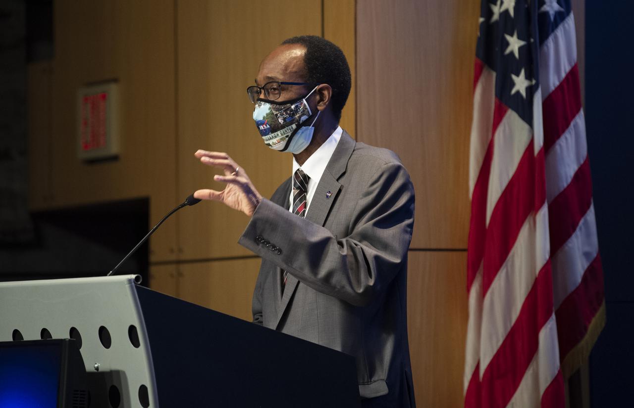 Clayton Turner, Director of NASA's Langley Research Center, speaks during a ceremony officially naming the NASA Headquarters building in honor of Mary W. Jackson, Friday, Feb. 26, 2021, at NASA Headquarters in Washington, DC. Mary W. Jackson, the first African American female engineer at NASA, began her career with the agency in the segregated West Area Computing Unit of NASA’s Langley Research Center in Hampton, Virginia. The mathematician and aerospace engineer went on to lead programs influencing the hiring and promotion of women in NASA's science, technology, engineering, and mathematics careers. In 2019, she posthumously received the Congressional Gold Medal. Photo Credit: (NASA/Joel Kowsky)